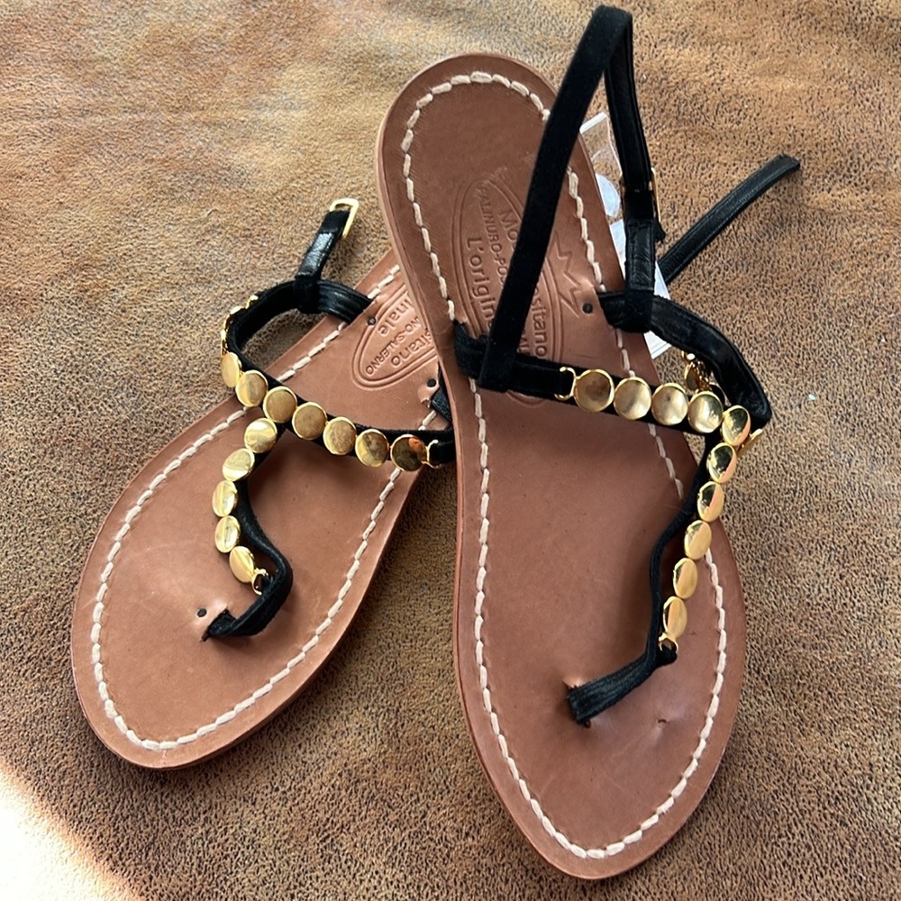 Custom Made Positano Italy Elegant Black & Gold Women's leather thong Sandals. 7